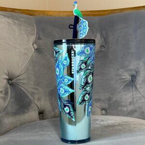 Starbucks 2024 Holiday Peacock 24 Oz Cold Cup Tumbler with Straw Topper NWT